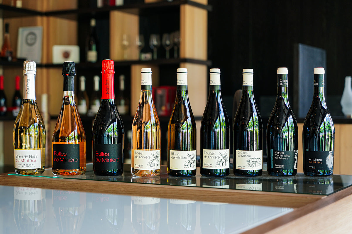 Lineup of Château de Minière wines, from sparkling rosé to Bourgueil reds, on the tasting-room bar