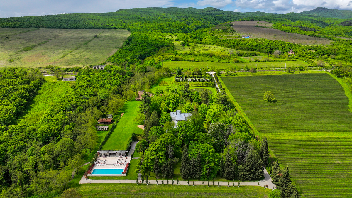 Aerial view of Vazisubani Estate's manor house, gardens and vineyards in Kakheti's Alazani Valley
