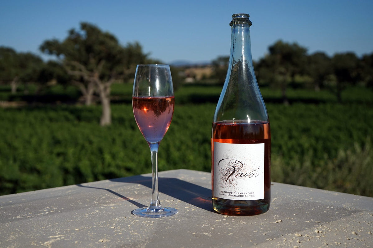A bottle and flute of Rava sparkling rosé on a stone wall overlooking the vineyards, Paso Robles
