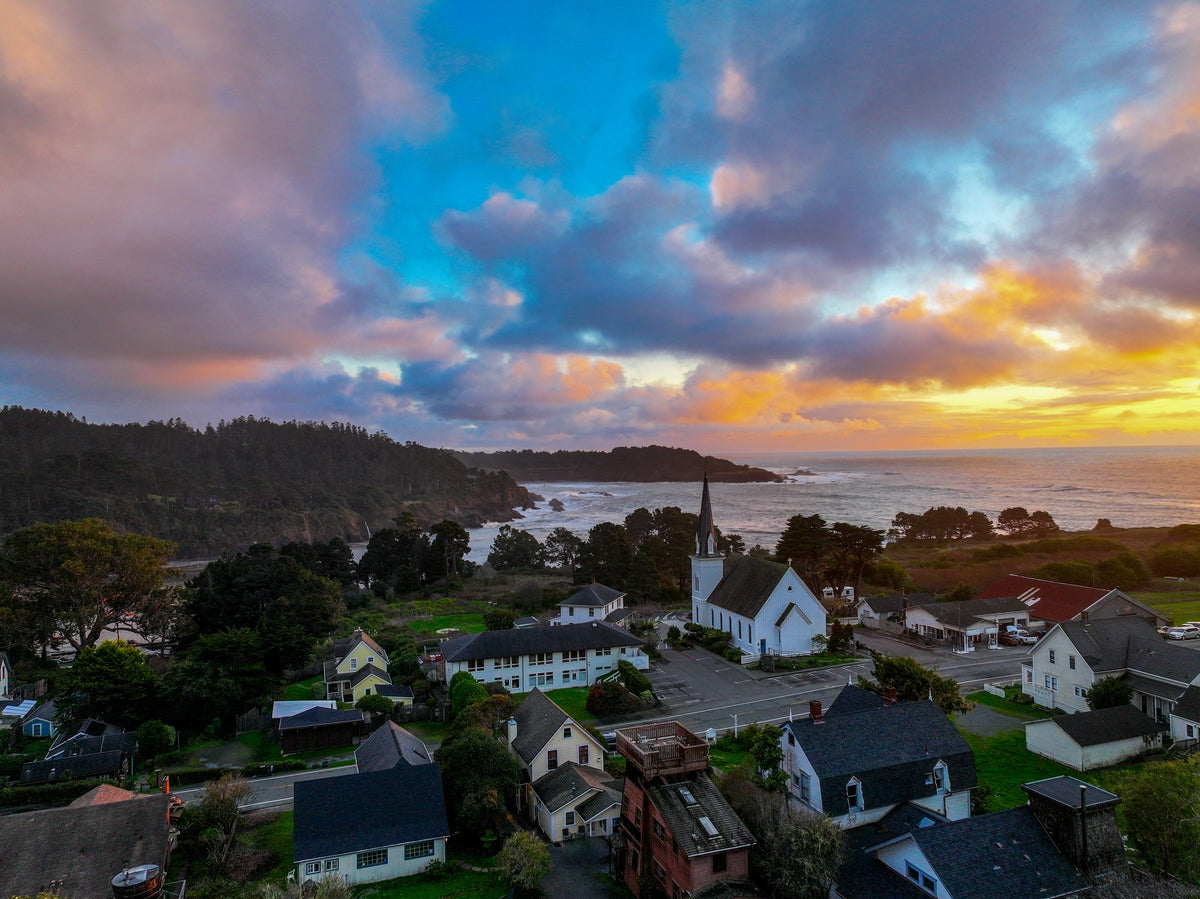 Mendocino village at sunset from above